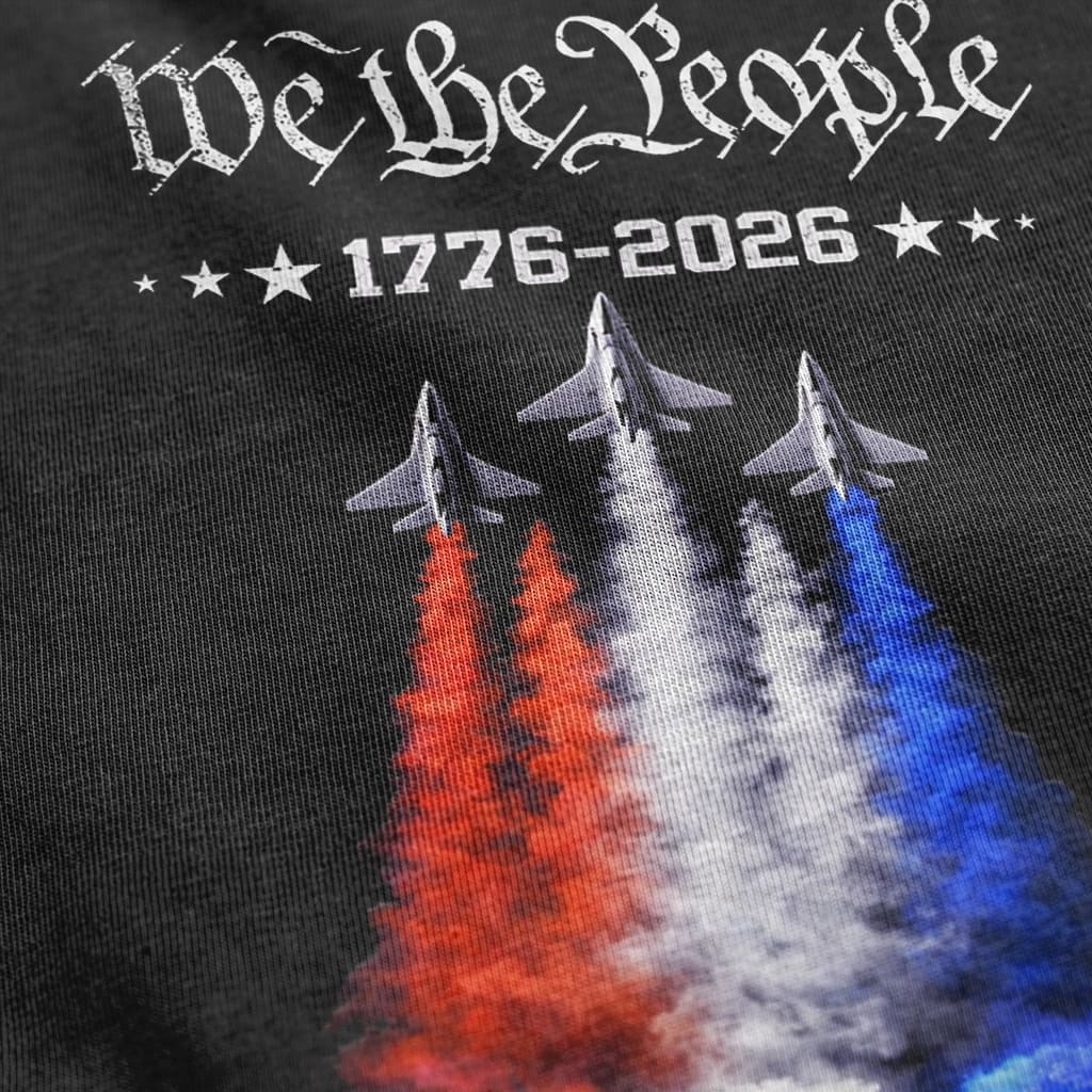 Close-up of America 250 shirt showing fighter jets and patriotic red white blue smoke trails with 1776–2026 graphic