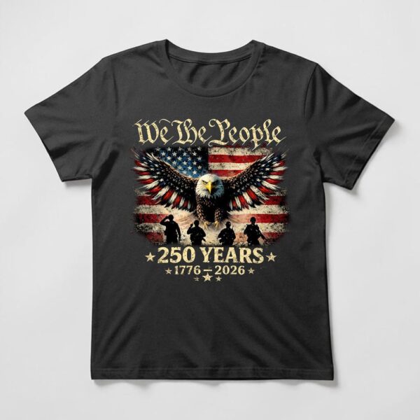We The People 250 Years 1776–2026 patriotic eagle tee featuring a distressed American flag and bald eagle graphic on a black shirt