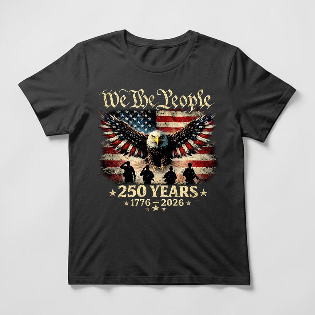 We The People 250 Years 1776–2026 patriotic eagle tee featuring a distressed American flag and bald eagle graphic on a black shirt