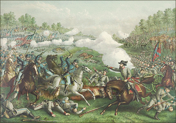 Civil War battlefield illustration showing Union and Confederate soldiers during a major 19th-century American battle