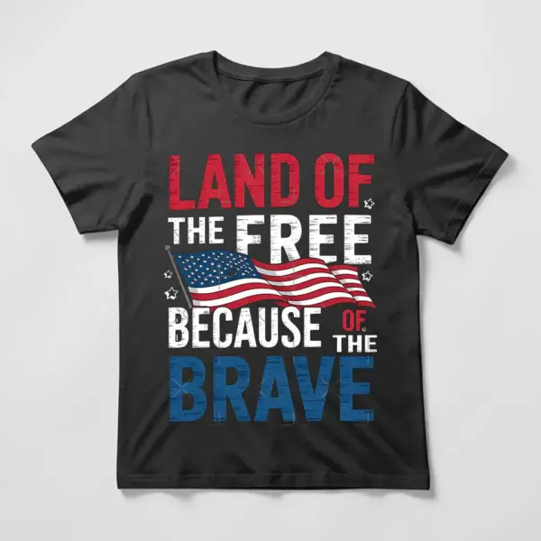 Land of the Free Because of the Brave patriotic t-shirt with American flag design on black shirt