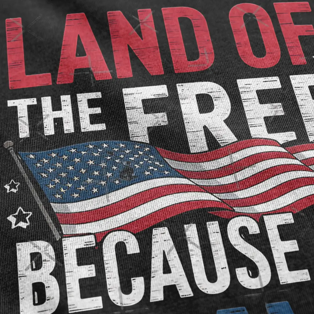 Land of the Free Because of the Brave patriotic t-shirt with American flag design on black shirt