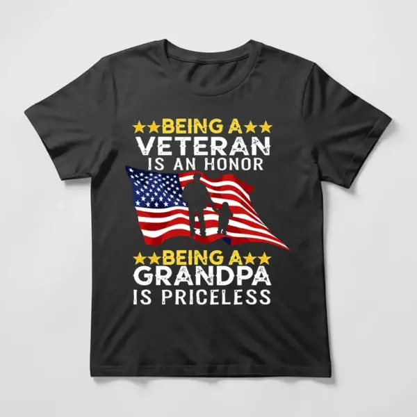 A patriotic Veteran Grandpa shirt featuring an American flag, bold lettering, and a touching grandfather-child silhouette.