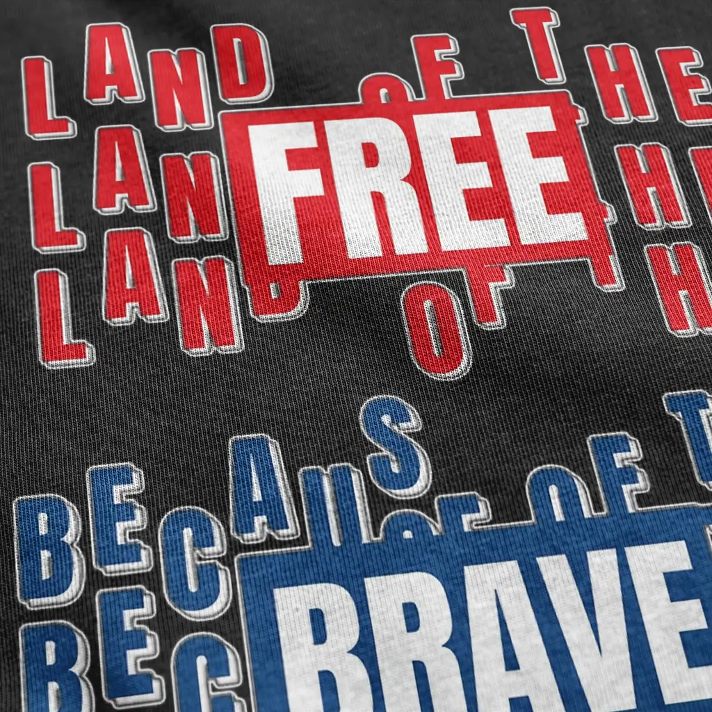 Home of the Free Because of the Brave shirt with bold red white and blue patriotic typography design on black shirt