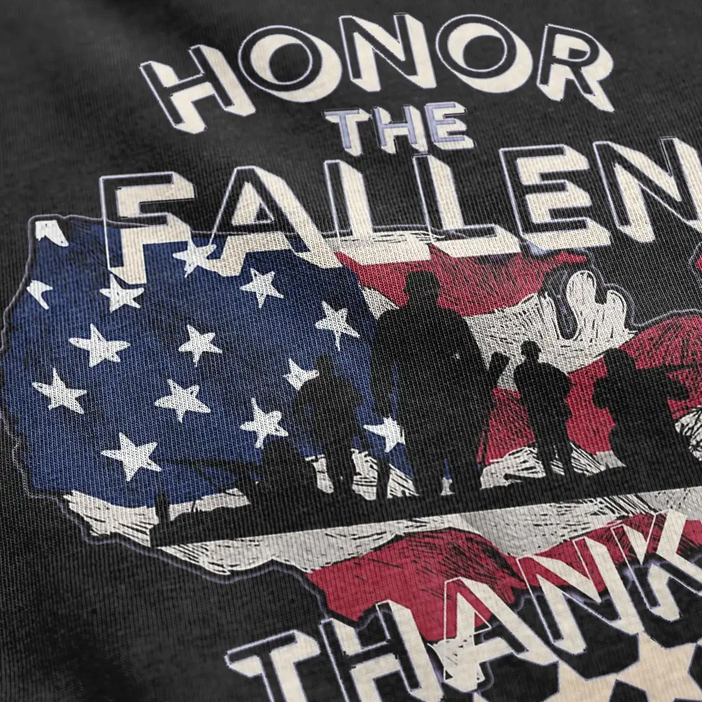 Honor The Fallen Thank The Living shirt with distressed American flag map and soldier silhouettes on black tee.