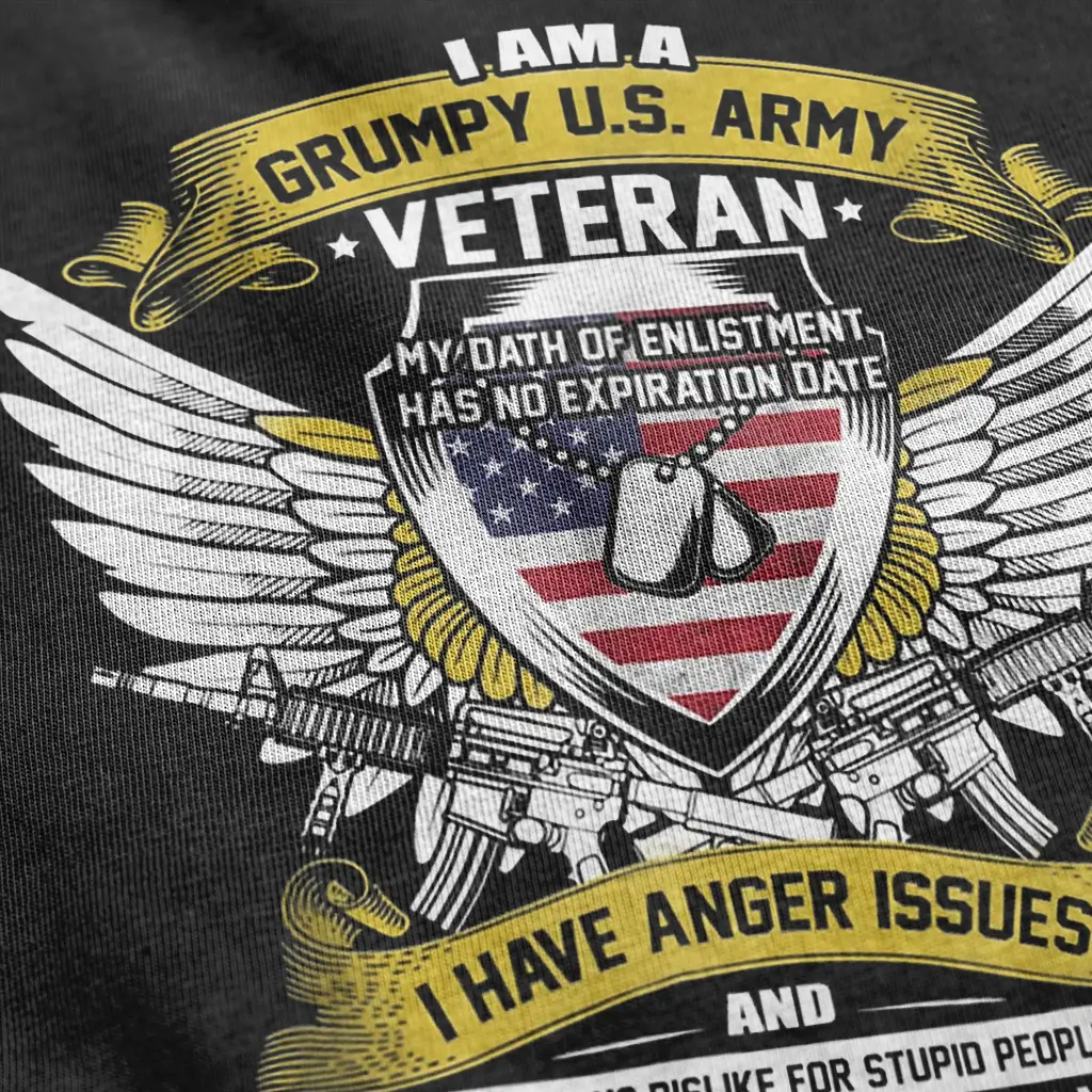 Grumpy U.S. Army Veteran shirt with American flag shield, dog tags, wings, crossed rifles, and funny anger issues quote.