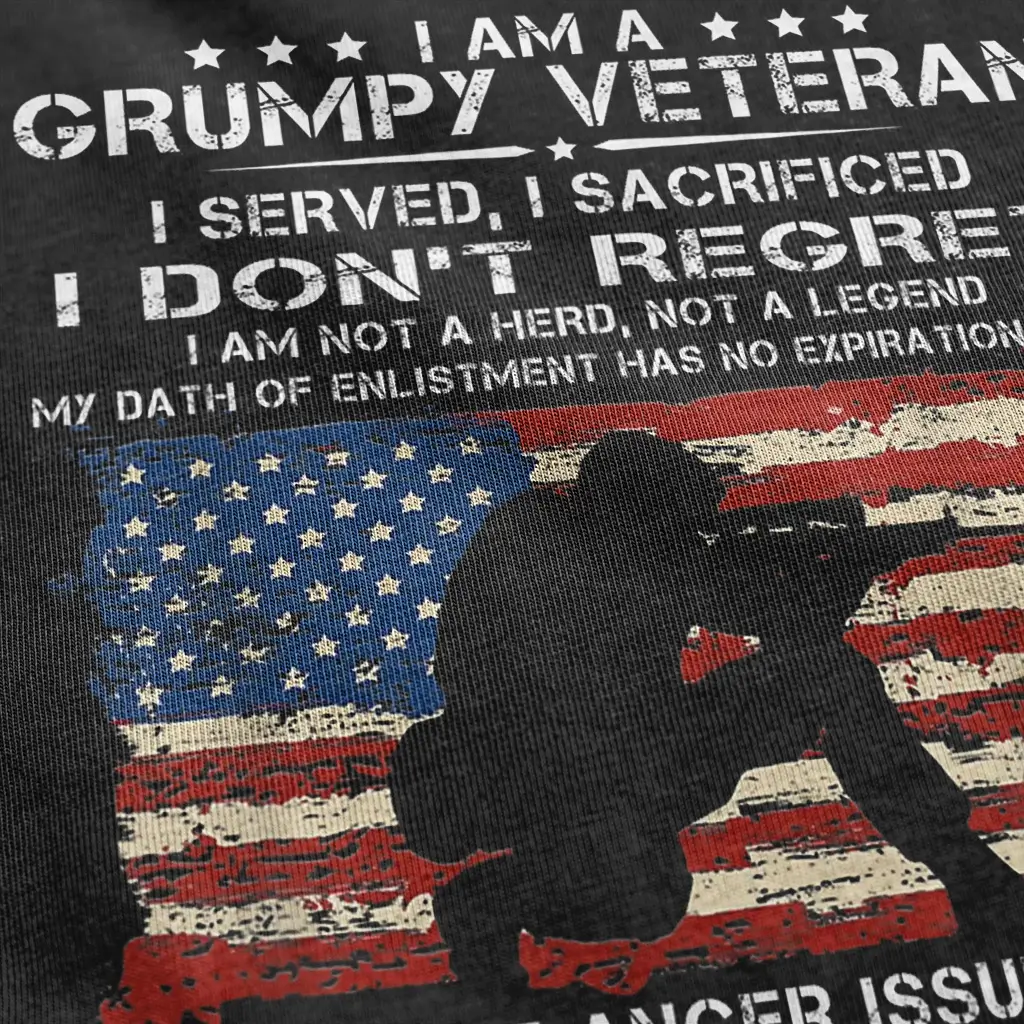 I Am A Grumpy Veteran shirt with American flag design, kneeling soldier silhouette, and funny patriotic veteran text.