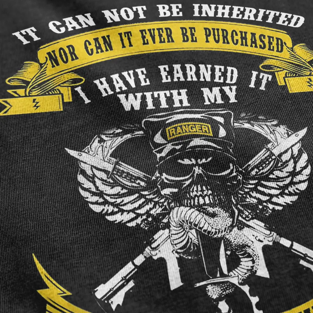Army Ranger shirt with skull wearing Ranger headgear, crossed rifles, yellow banner text, and veteran quote on black tee.