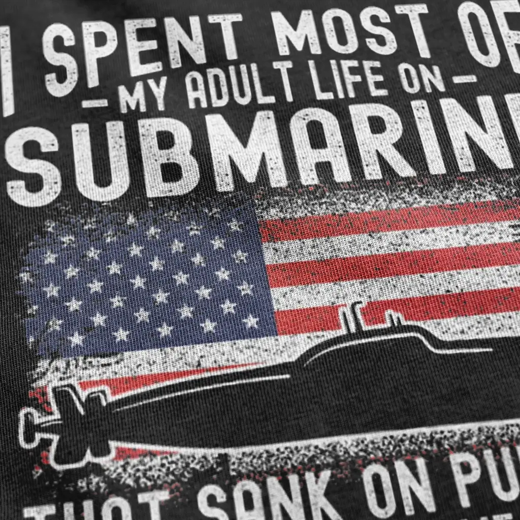 Submarine Veteran shirt with distressed white text, American flag graphic, and black submarine silhouette on black tee.