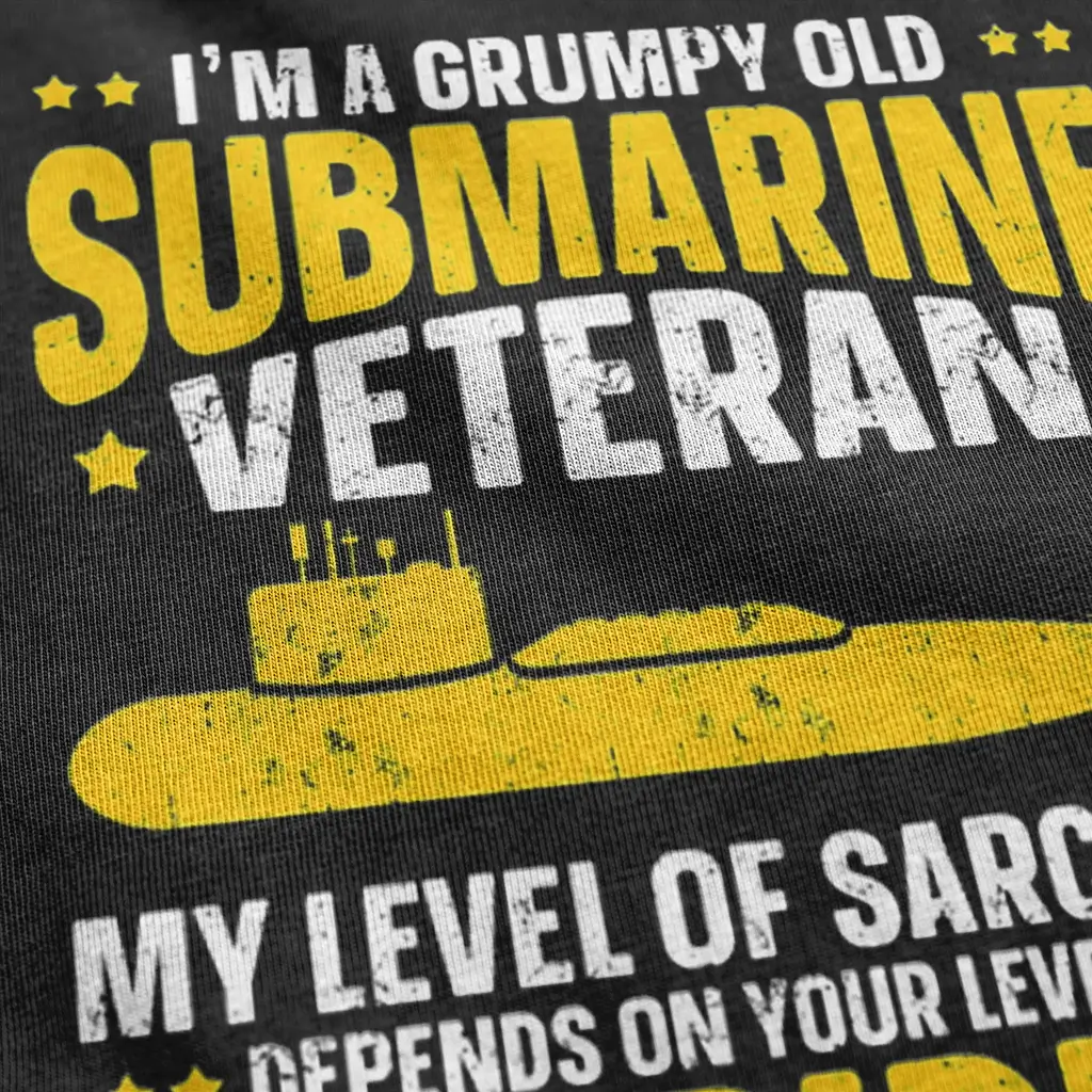 Grumpy Old Submarine Veteran shirt with yellow submarine design, distressed text, and sarcastic Navy veteran quote on black tee.