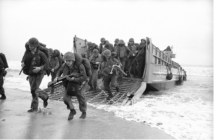 U.S. Marines from the 9th Marine Expeditionary Brigade landing in Vietnam during the Vietnam War