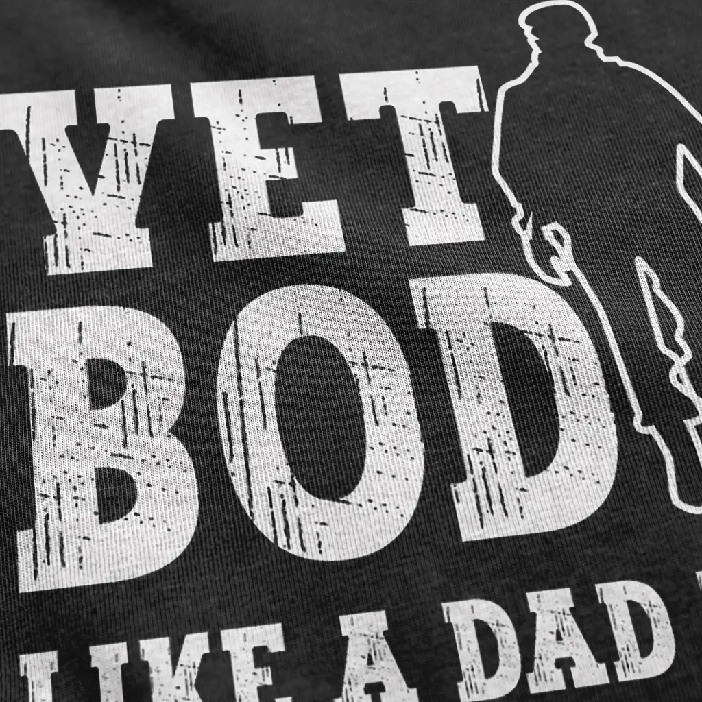 Vet Bod shirt with soldier silhouette and funny quote “Like a dad bod but with more back pain” on black tee.